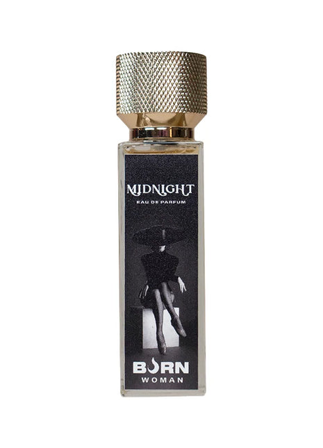 Ein eleganter rechteckiger glasflakon burn midnight damenparfüm 20 ml mit strukturierter goldkappe und schwarzem etikett