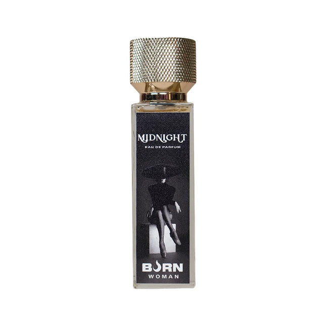 Ein eleganter rechteckiger glasflakon burn midnight damenparfüm 20 ml mit strukturierter goldkappe und schwarzem etikett