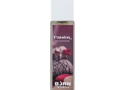 Ein schlanker rechteckiger glasflakon born woman passion eau de parfum mit weißem deckel und rosenetikett