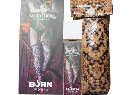 Burn seduction damenparfüm 20 ml in rechteckiger glasflasche mit weißem deckel und etikett mit frau in spitzenstrümpfen