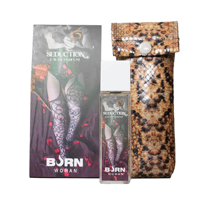 Burn seduction damenparfüm 20 ml in rechteckiger glasflasche mit weißem deckel und etikett mit frau in spitzenstrümpfen