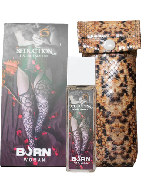 Burn seduction damenparfüm 20 ml in rechteckiger glasflasche mit weißem deckel und etikett mit frau in spitzenstrümpfen