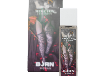 Eine elegante transparente glasflasche burn seduction damenparfüm 20 ml mit weißem deckel und künstlerischem etikett