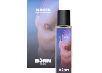 Klar glasflasche mit schwarzem deckel und lila etikett sinner eau de parfum von born man im 20 ml burn sinner herrenparfüm