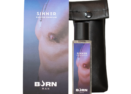 BURN sinner herrenparfüm 20 ml in transparenter glasflasche mit schwarzem verschluss und künstlerischem mann-gesicht