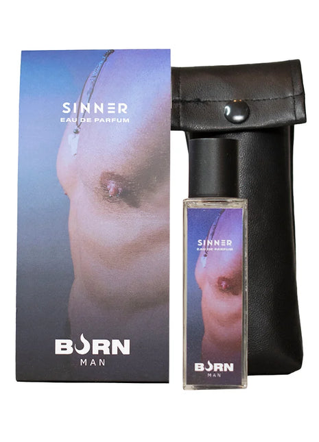 BURN sinner herrenparfüm 20 ml in transparenter glasflasche mit schwarzem verschluss und künstlerischem mann-gesicht