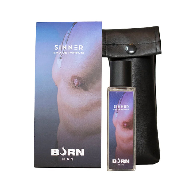BURN sinner herrenparfüm 20 ml in transparenter glasflasche mit schwarzem verschluss und künstlerischem mann-gesicht