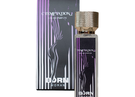 Ein schlanker rechteckiger glasflakon born woman temptation eau de parfum mit gold strukturiertem verschluss und lila gestreiftem etikett