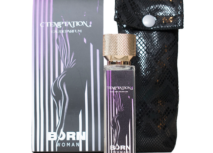 Ein eleganter rechteckiger glasparfümflakon mit goldfarbenem strukturiertem deckel und lila flüssigkeit temptaion eau de parfum von born woman 20 ml