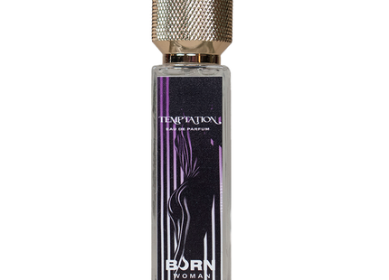 Ein schlanker rechteckiger glasflakon mit black temptation damenparfüm von born woman in 20 ml mit schwarz-lila etikett und goldkappe