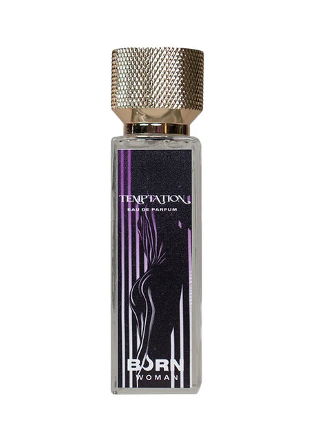 Ein schlanker rechteckiger glasflakon mit black temptation damenparfüm von born woman in 20 ml mit schwarz-lila etikett und goldkappe