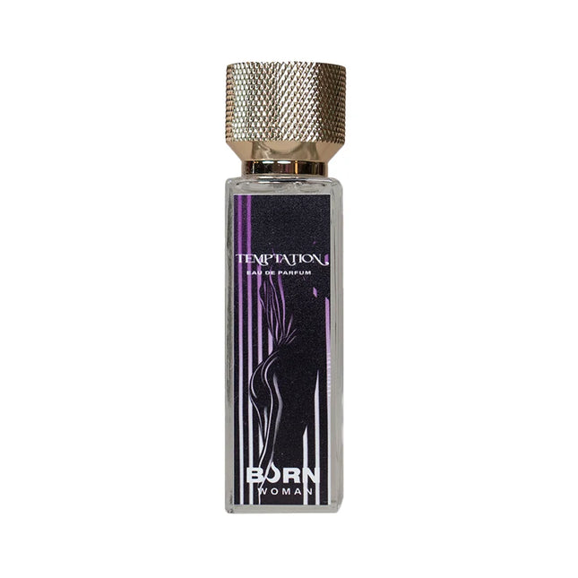 Ein schlanker rechteckiger glasflakon mit black temptation damenparfüm von born woman in 20 ml mit schwarz-lila etikett und goldkappe