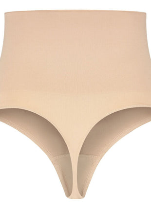 Beige nahtloser tanga in hoher taille mit glattem elastischem stoff von bye-bra in größe s