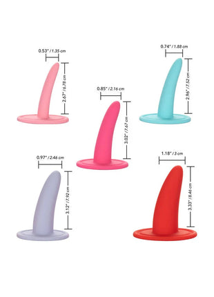 Set aus vier silikon analplug mit flanschbasen in pink, türkis, lavendel und rot von CALEXOTICS