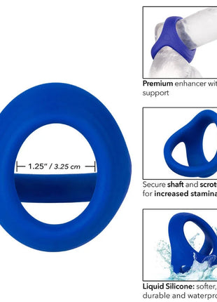 Blauer silikonring mit doppelten unterstützungsringen für besseren griff und sicheren halt von schafthoden von calexotics admiral cock ball dual ring