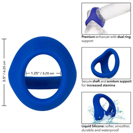 Blauer silikonring mit doppelten unterstützungsringen für besseren griff und sicheren halt von schafthoden von calexotics admiral cock ball dual ring