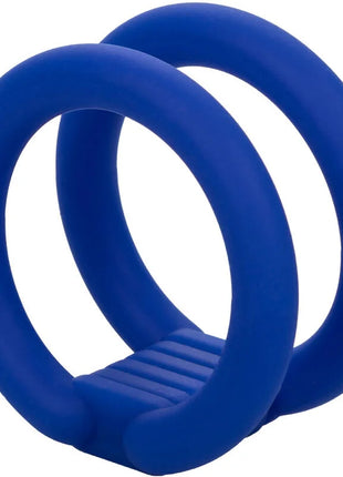 Calexotics admiral dual cock cage blau mit blauem silikonring und strukturiertem gripsockel