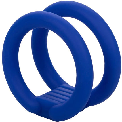 Calexotics admiral dual cock cage blau mit blauem silikonring und strukturiertem gripsockel