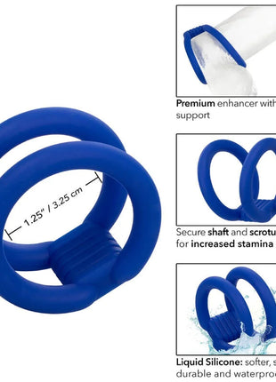 Blaues dual-ring cock cage mit gerippten unterstützungsbändern aus silikon von calexotics