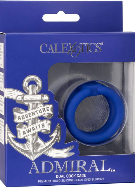 Blauer dual cock cage aus premium flüssigsilikon mit ankermotiv verpackt in marineblauer box von calexotics admiral