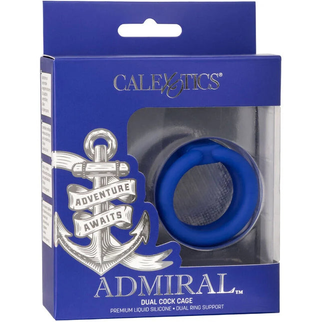 Blauer dual cock cage aus premium flüssigsilikon mit ankermotiv verpackt in marineblauer box von calexotics admiral