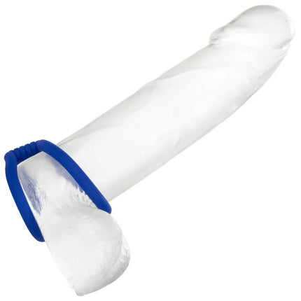 Klarer silikon dildo mit blauem strukturiertem ring am grund calexotics admiral dual cock cage blau