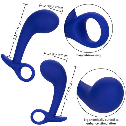 Blauer silikon analplug mit ergonomischer kurve und einfachem retrieval-ring von calexotics admiral set 2