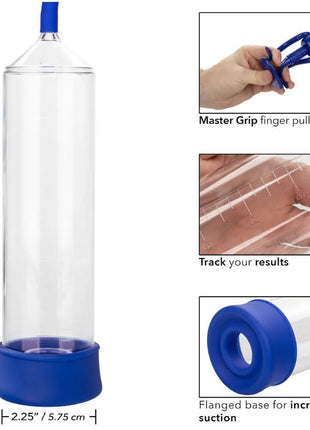 Calexotics admiral sta-harte erektionspumpe aus blauem und klarem plastik mit master grip fingerzuggriff