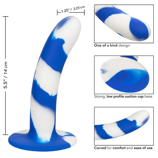 Bleu-weißer, swirled silikon dildo mit saugnapfbasis von calexotics namens admiral swirl dildo flexibel