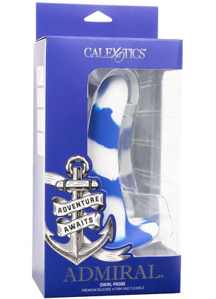 Calexotics admiral swirl flexible dildo aus blau-weiß gemustertem silikon in markenverpackung