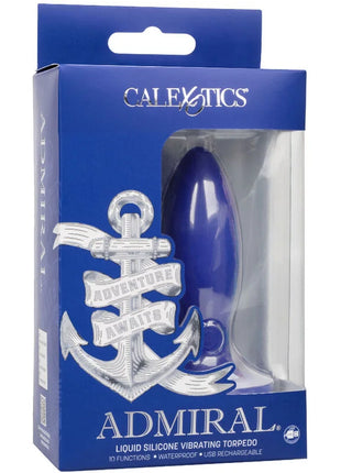 Calexotics admiral torpedo anal plug vibrator aus blauem flüssigsilikon mit silbernem ankermotiv auf der verpackung