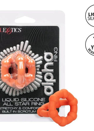 Orange flüssigsilikon alpha ring mit silbernen spikes und integriertem hodensack von calexotics