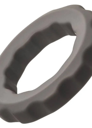 A sleek matte gray silicone alpha erect ring with a textured wavy exterior design from calexotics