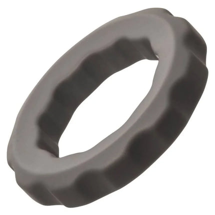 A sleek matte gray silicone alpha erect ring with a textured wavy exterior design from calexotics