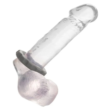 Klarer silikon-analer plug mit strukturierter transparenter oberfläche und dunkelgrauem ring in der basis von calexotics
