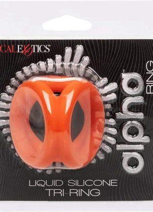 Calexotics alpha tri-ring orange aus glänzendem orangefarbenem flüssigsilikon mit drei kreisförmigen öffnungen