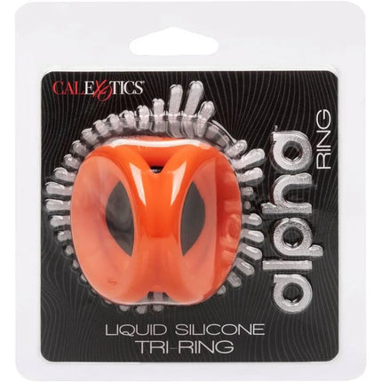 Calexotics alpha tri-ring orange aus glänzendem orangefarbenem flüssigsilikon mit drei kreisförmigen öffnungen