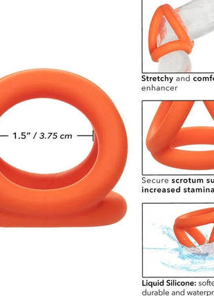 Calexotics alpha tri-ring orange aus dehnbarem flüssigsilikon mit sicherer skrotalunterstützung für mehr ausdauer