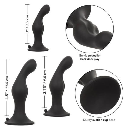 Schwarzer silikon-analplug mit sanft gebogener form und stabilem saugnapfboden aus dem calexotics anal ripple kit