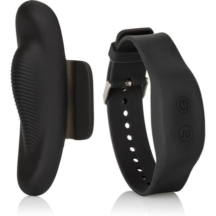 Schwarzes silikon-armband mit integrierten steuerungstasten und geschwungenem stimulatorkopf von calexotics