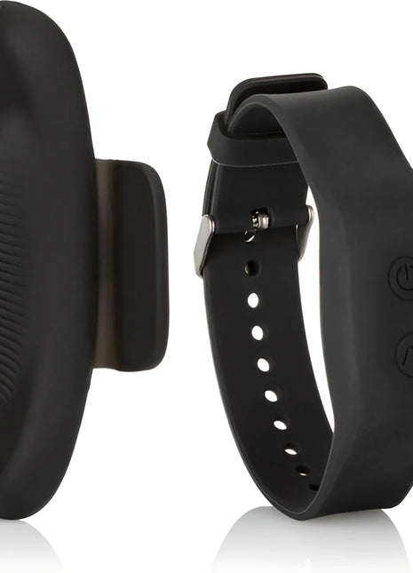Schwarzes silikon-armband mit integrierten steuerungstasten und geschwungenem stimulatorkopf von calexotics