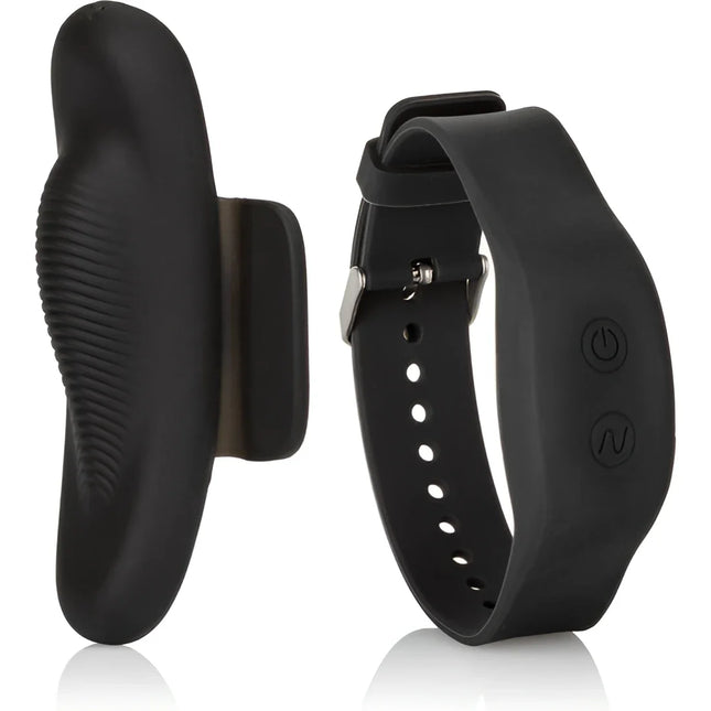 Schwarzes silikon-armband mit integrierten steuerungstasten und geschwungenem stimulatorkopf von calexotics