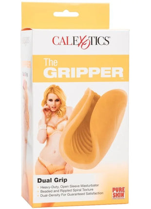 The gripper by calexotics is an orange beaded grip dual-grip heavy-duty open sleeve masturbator made from pure skin material