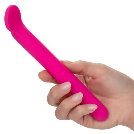 Ein lebhaft pinkfarbener glatter silikon vibrator mit gebogenem griff und abgerundetem spitze von calexotics bliss clitoriffic rosa