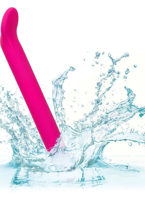 Vibrant pink gebogenes silikon spielzeug mit glatter glänzender oberfläche von calexotics bliss clitoriffic rosa