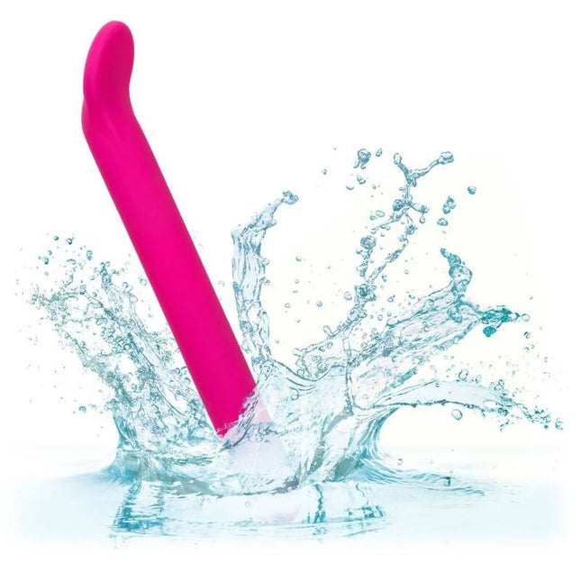Vibrant pink gebogenes silikon spielzeug mit glatter glänzender oberfläche von calexotics bliss clitoriffic rosa