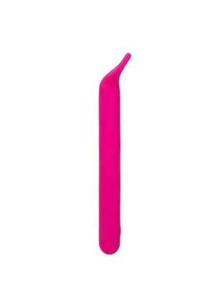 Ein schlankes, lebhaft pinkes silikonspielzeug mit glattem, gebogenem design und spitz zulaufendem ende von calexotics bliss clitoriffic rosa