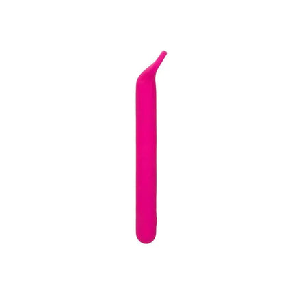 Ein schlankes, lebhaft pinkes silikonspielzeug mit glattem, gebogenem design und spitz zulaufendem ende von calexotics bliss clitoriffic rosa