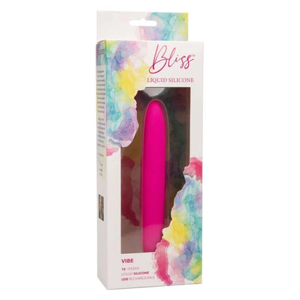 Bright pinker, schlanker vibrierender silikonvibrator in originalverpackung von calexotics bliss vibe rosa