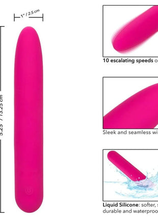 Ein lebhafter pinkfarbener, geschwungen geformter vibrator aus liquid silicone mit weicher spitze und 10 vibrationsstufen von calexotics bliss vibe rosa